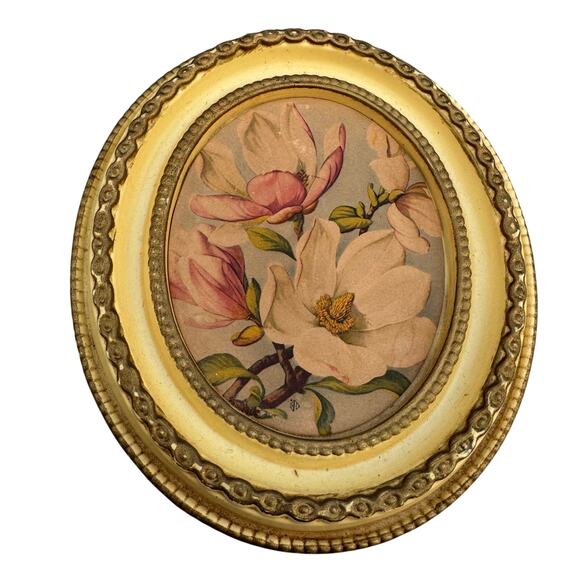 Vintage Gold Iory Baroque Style Framed Print Oval Ornate Floral Flowers 6x7 - Picture 1 of 3